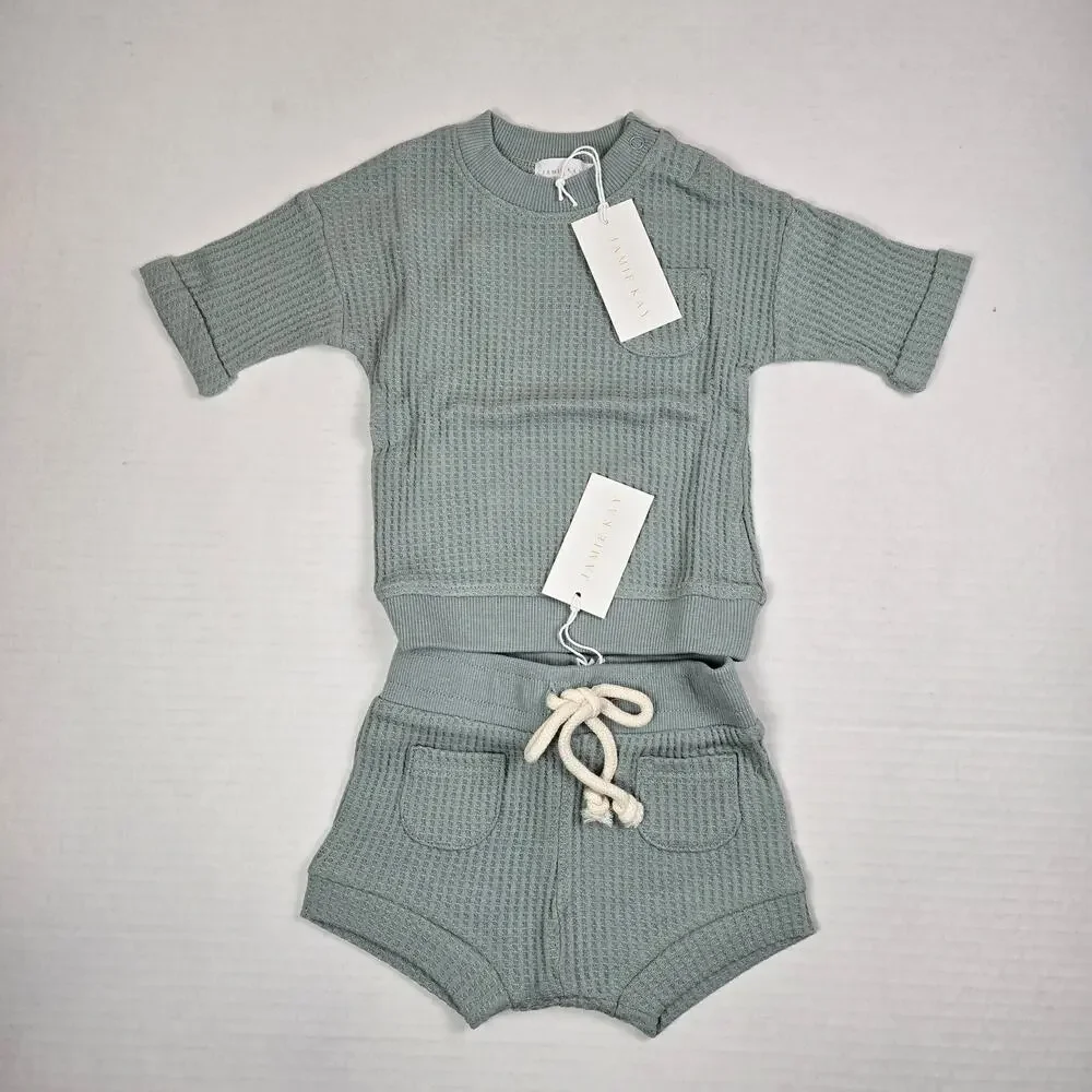 NWT Jamie Kay Organic Cotton Waffle Knit Easton Top Seb Shorts Size 6/12m Rain
